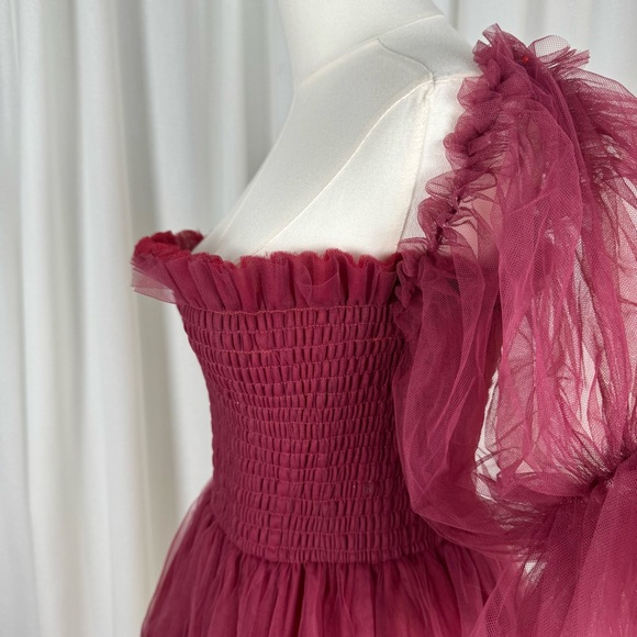 Beasha Studios Tulle Babydoll Wine Mini Dress with Puff Sleeves L - Picture 8 of 13